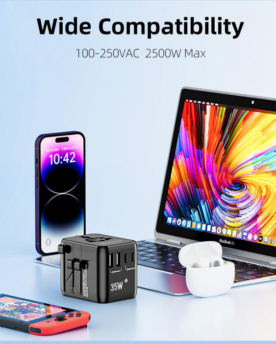 من ترافيليست محول السفر العالمي GaN 35W مع 3 منفذ USB-C + منفذ 2 USB-A، 2500W AC، متوافق مع أكثر من 200 دولة image 10