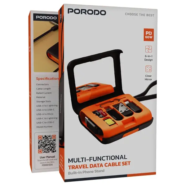 طقم كابل شحن وبيانات متعدد الوظائف 6-في-1 من Porodo – لون برتقالي image 2