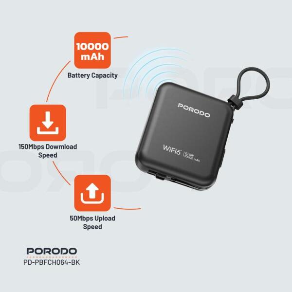 راوتر محمول Porodo 4G LTE مع WiFi 6 وبطارية ‎10000mAh‎ – أسود image 7
