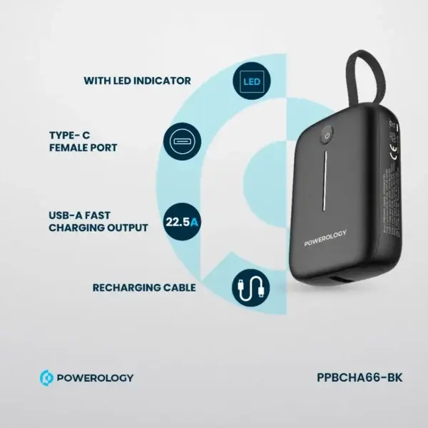 باور بانك Powerology ‎10000mAh‎ مع سلك USB-C قابل للإزالة – ‎20 واط‎ PD – شحن 3 أجهزة image 5