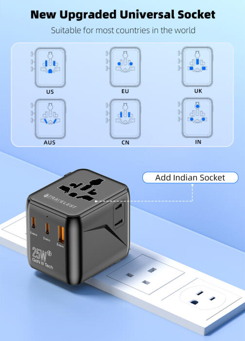 من ترافيليست محول السفر العالمي GaN 25W مع 2 منفذ USB-C + منفذ USB-A، 2500W AC، متوافق مع أكثر من 200 دولة image 8