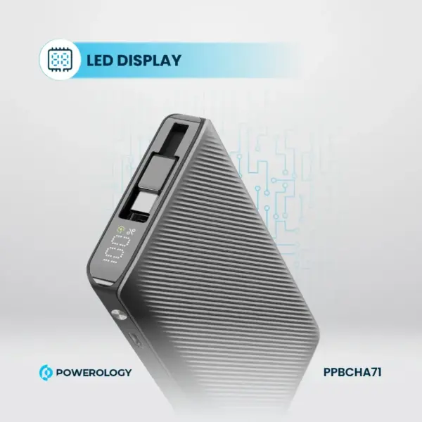 باور بانك Powerology بسعة 10000mAh مع كابل Type-C قابل للسحب – أسود image 3