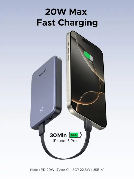 باور بانك يوجرين (UGREEN PB507) بسعة 10000 مللي أمبير مع شحن سريع تايب سي باور ديليفيري 20 واط ويو اس بي 22.5 واط - رمادي image 6